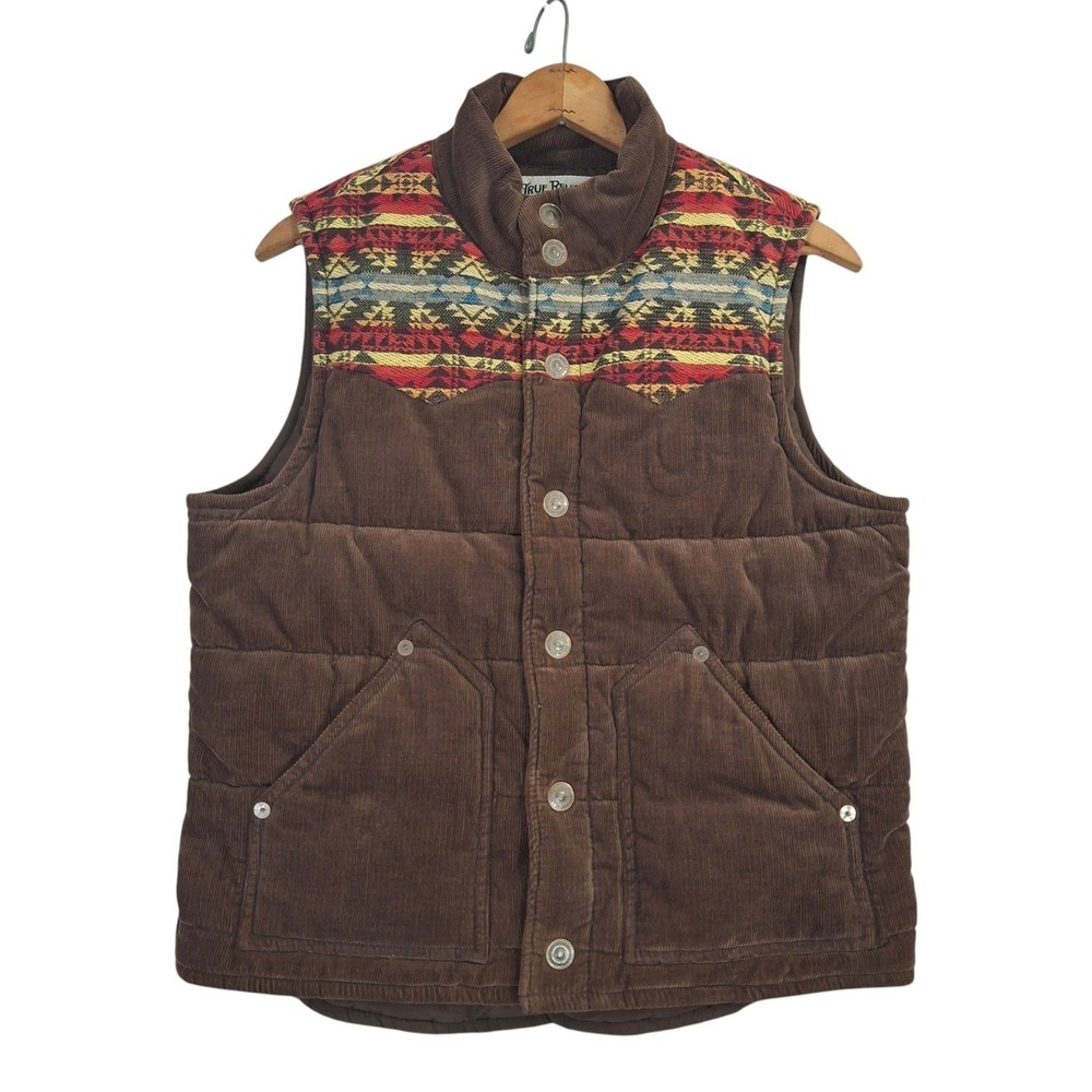 True Religion Corduroy Puffer Vest Men's Medium M Brown Aztec Serape Yoke Y2K